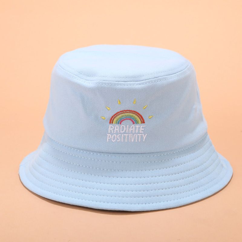 Women Girl Preppy Style Flat Top Bucket Hat Rainbow Letters Embroidery Candy Color Harajuku Hip Hop Student Summer Fisherman Cap