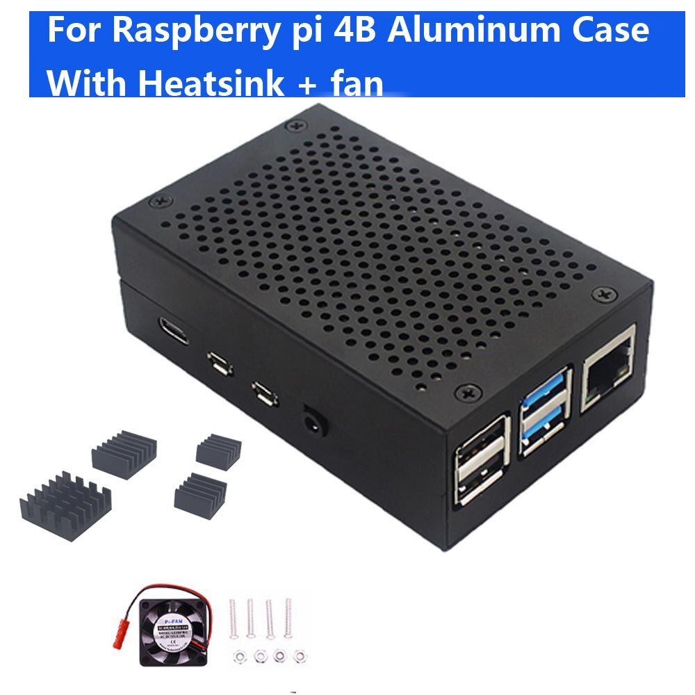 Carcasa metálica de aluminio Raspberry Pi 4B con disipador de calor + ventilador para Raspberry pi 4B: Black case