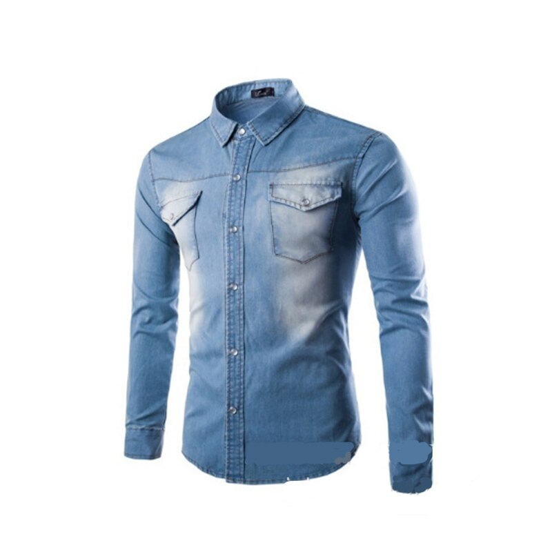 Mænds denim skjorter slim fit langærmet skjorte denim skjorte mænd casual slim fit knap skjorter med lomme herre skjorte