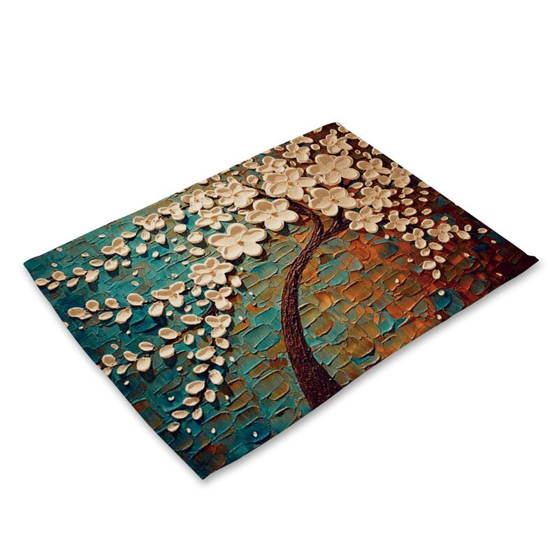 1Pcs Flower Tree Pattern Kitchen Placemat Dining Table Mat Drink Coaster Cotton Linen Pad Bowl Cup Mat 42*32cm Home Decor MP0016