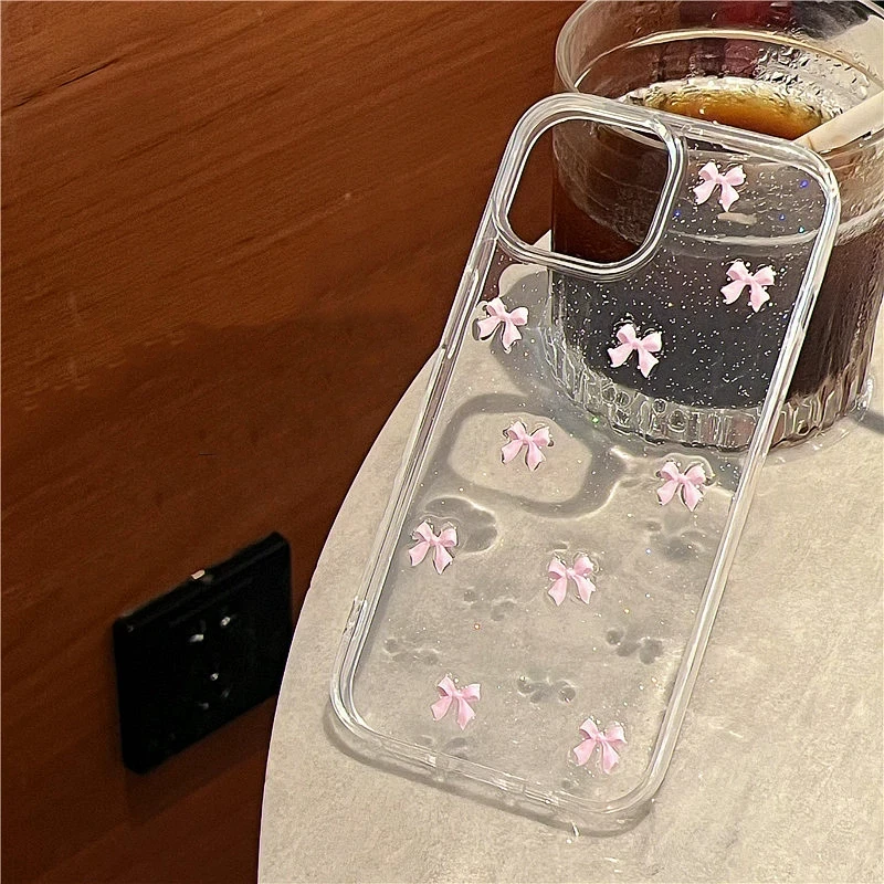 Funda de teléfono con lazo rosa para niña de Corea, funda transparente suave a prueba de golpes para iPhone 17 16 Pro Max 15 14 Plus 13 12 11 Pro 7 8 SE 2022