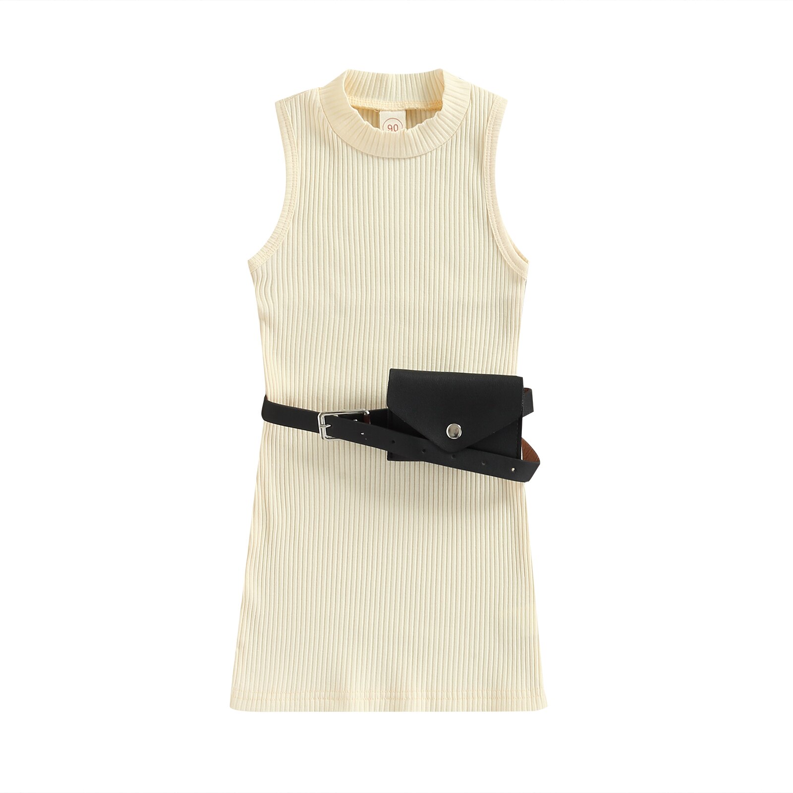 Vestido de verano para niñas de 1 a 6 años con cuello redondo, sin mangas, Color sólido, con cinturón y bolsa: Beige / 3 años