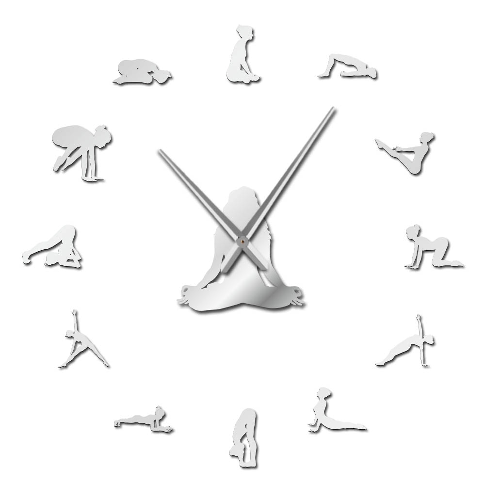 Reloj de pared gigante con Poses de Yoga para el hogar, reloj de pared grande y moderno para encontrar tu equilibrio, arte de meditación, decoración para el hogar: Silver / 37 Inch