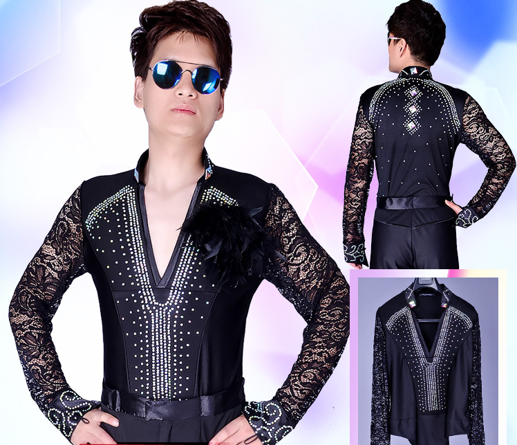 Ballroom Latin Dance Shirts Male Black Long Sleeve Lace V Collar Shirt Men Samba Cha Cha Dancing Tops Performance Wear
