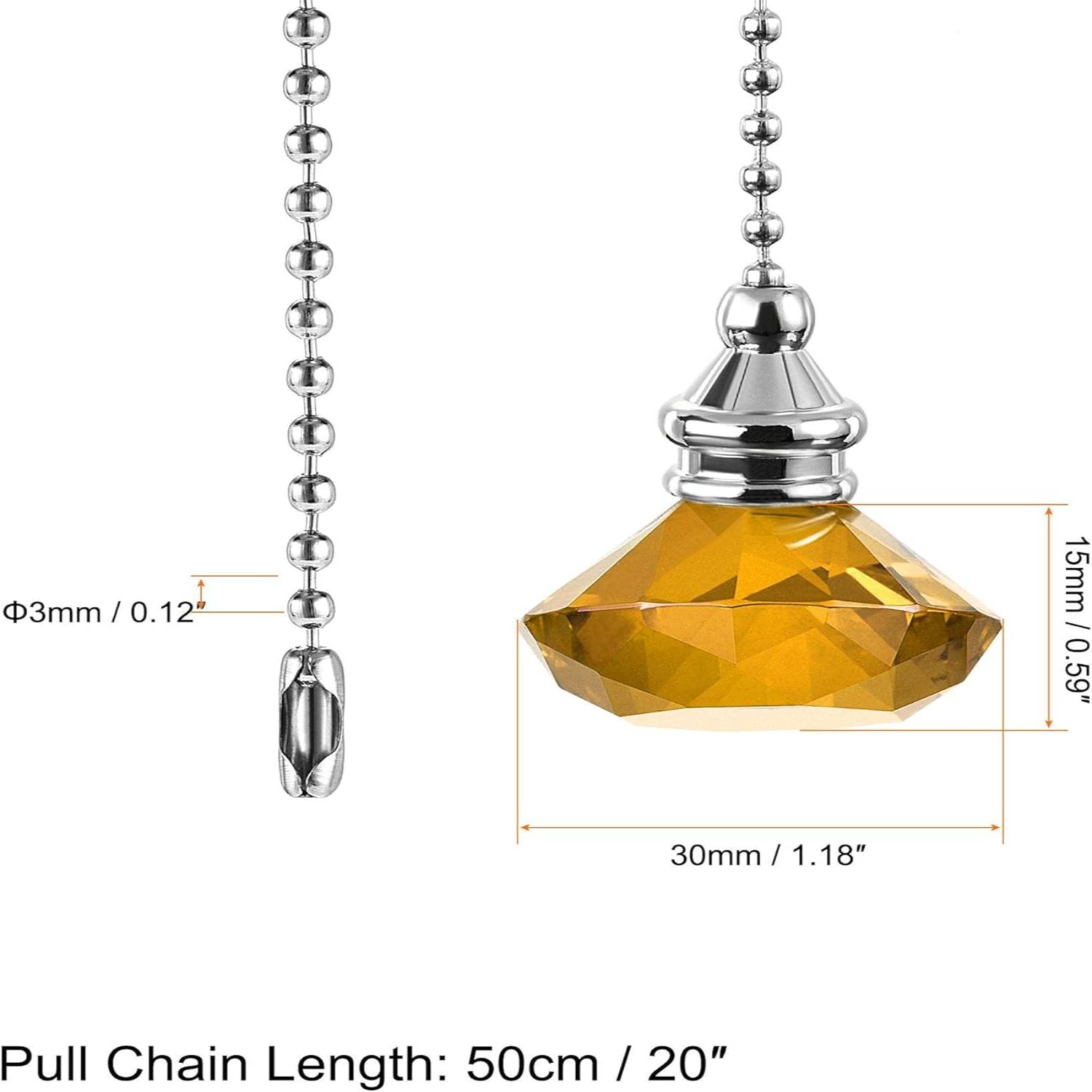 20 Inch Ceiling Fan Pull Chain, Decorative Crystal Fan Pull Chain Ornament Extension, Diameter Beaded Pendant, Amber 2Pcs