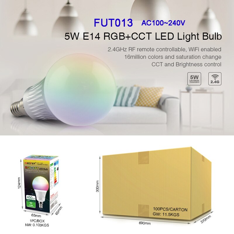 Miboxer FUT013 5W E14 Rgb + Cct Led Licht Blub 2.4G Wifi Afstandsbediening Led Lamp AC100 ~ 240V
