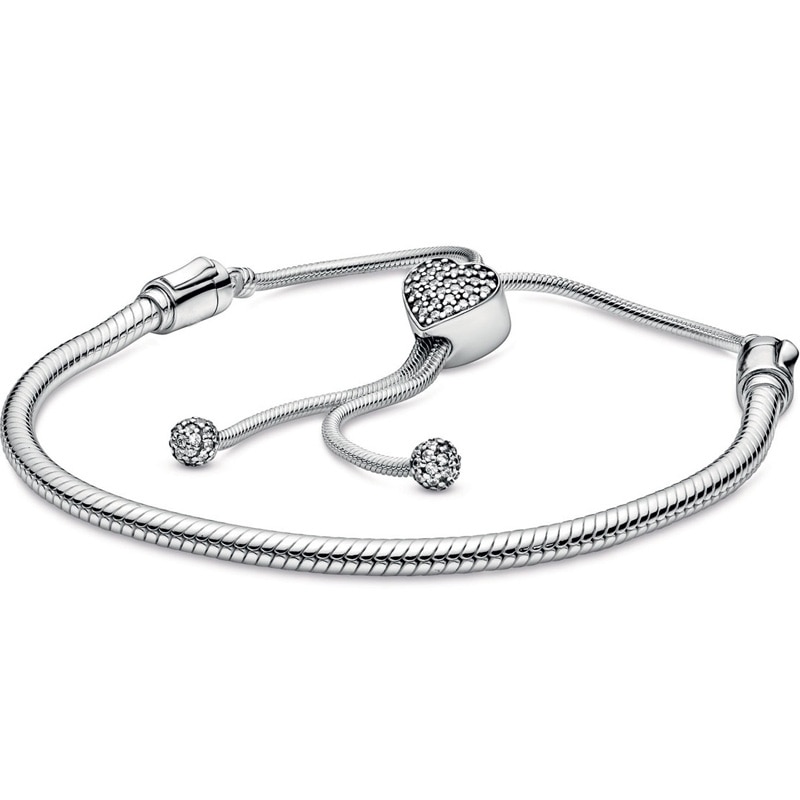 Original Moments Pave Heart Clasp Snake Chain Slider Bracelet Bangle Fit 925 Sterling Silver Bracelet Bead Charm Europe Jewelry