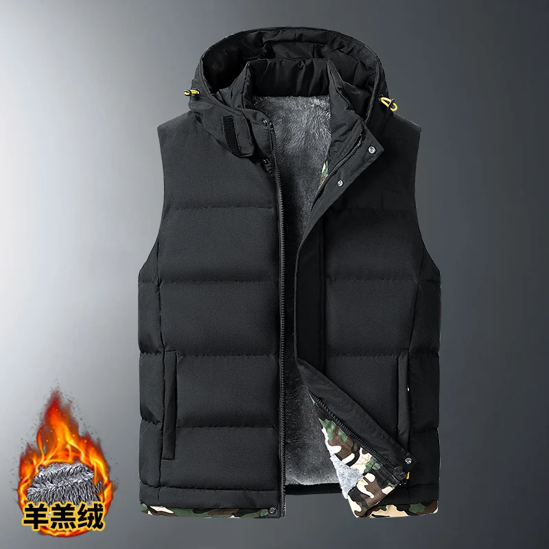 Chalecos juveniles con capucha cálidos y desmontables de otoño e invierno para hombre, chalecos a prueba de viento, chalecos de gran tamaño de M-8XL, chaleco de piel de cordero: XS / Negro
