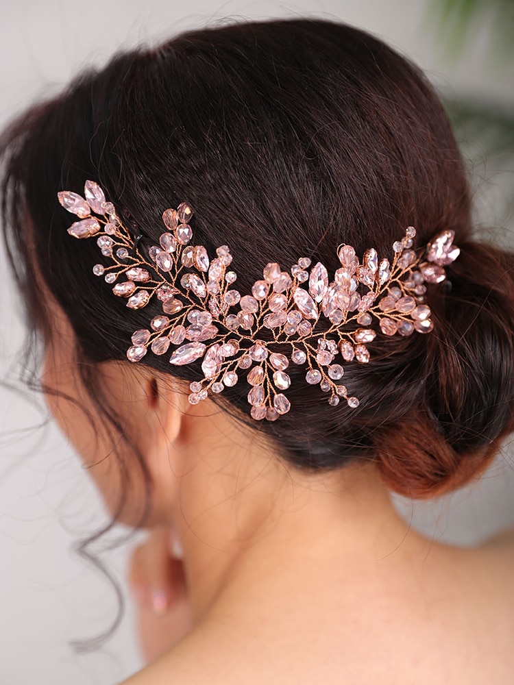 Tiara de novia, diadema de boda, tocado rosa, diadema dorada, tocado de Accesorios nupciales para el cabello para mujer