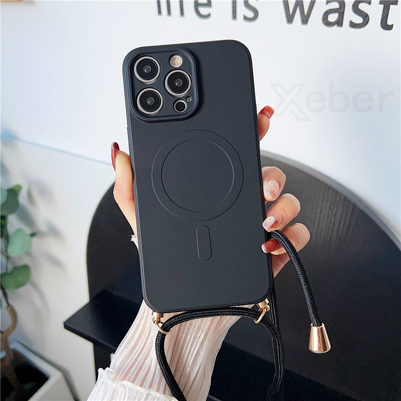 Funda magnética de silicona líquida con cordón cruzado para iPhone 16 15 Pro Max 14 13 12 11, collar para cubierta de carga inalámbrica Magsafe