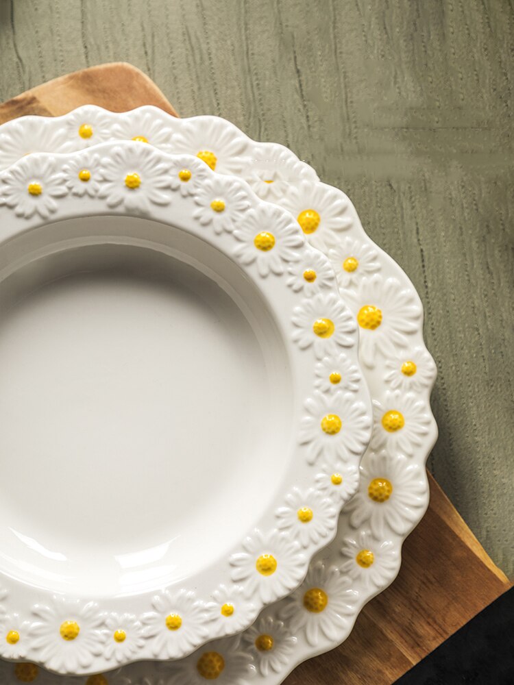 Ceramic Embossed Daisy Dinner Set Plate And Dishes Household Soup Bake Bowl Crockery Tableware