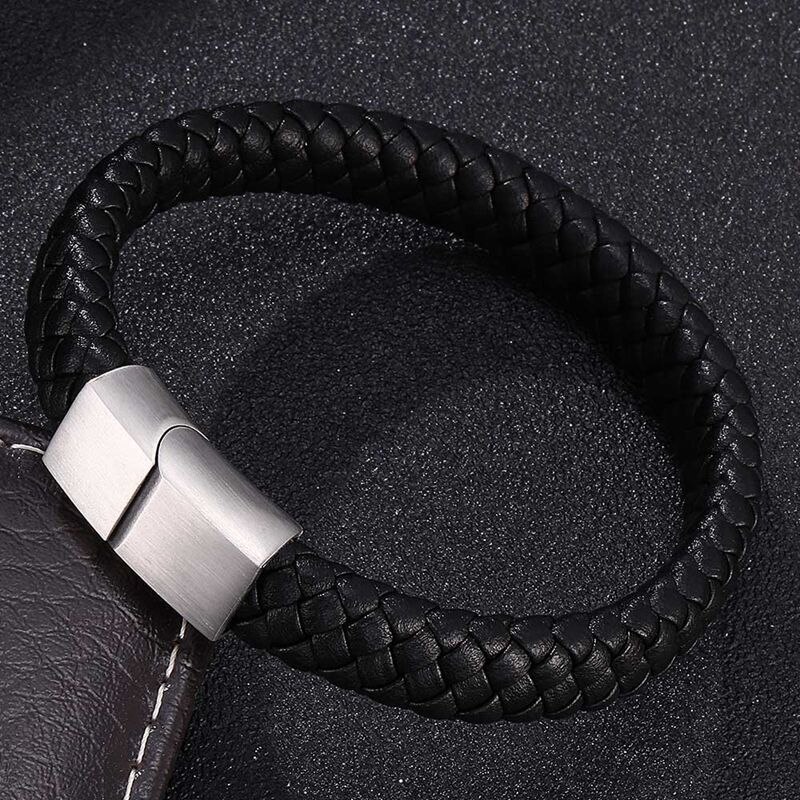 Bracelet Men Braided Leather Bracelet Exquisite Stainless Steel Magnetic Clasps Wrist Band Bangles BB740