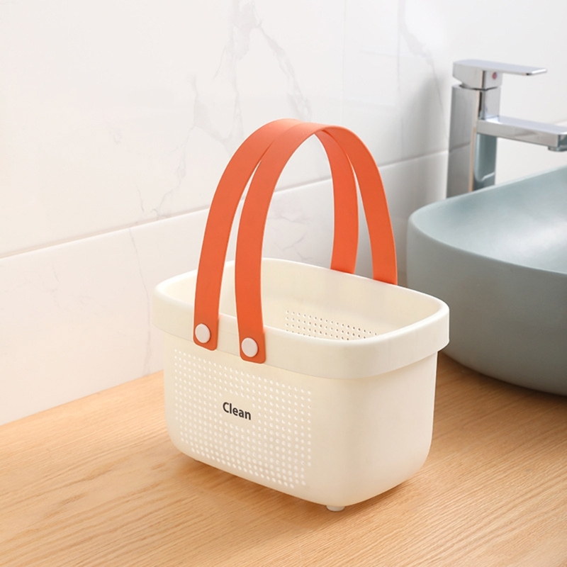 E8BD Plastic Storage Basket with Handles Shower Bins for Bathroom Kitchen Bath Drain Basket Cosmetic