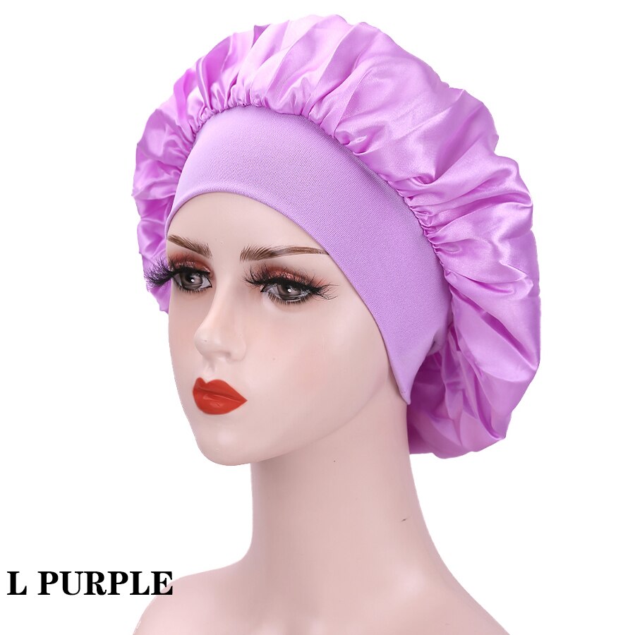 Wide Elastic Band Women Satin Night Sleep Cap Hair Bonnet Hat Silk Head Cover Women&#39;s Satin Solid Sleeping Hat Night Sleep Cap: L PURPLE