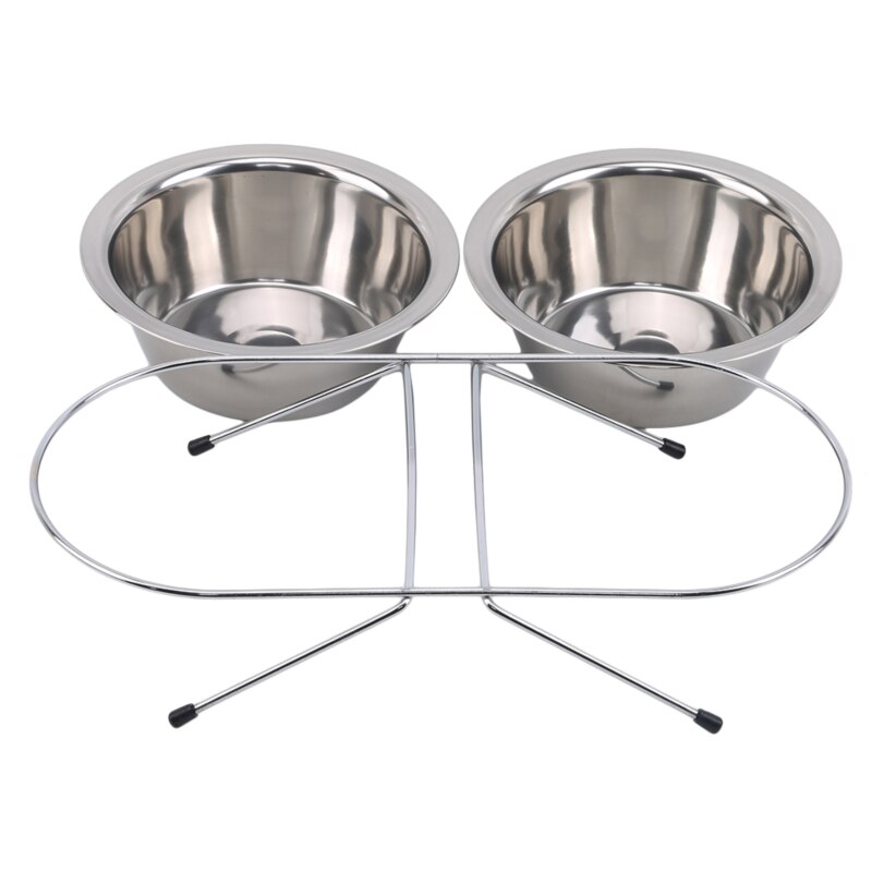 Stainless Steel Double Bowl Dog Cat Feeder Raised Stand Raised Dish Feeding Pet Water: Default Title
