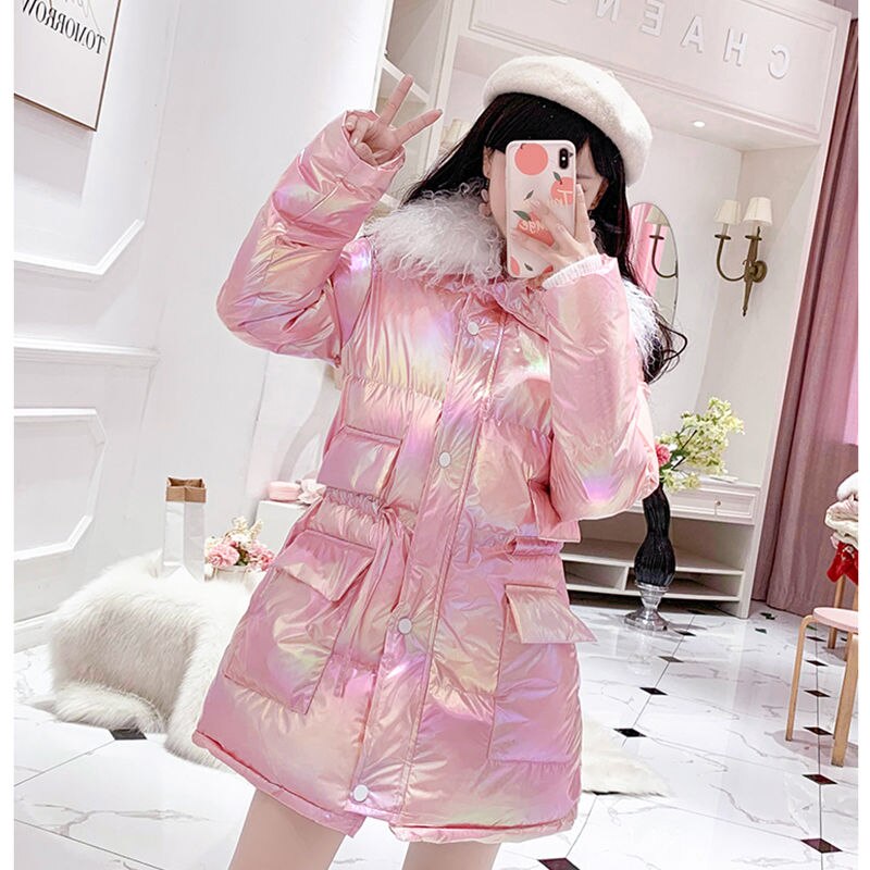 Winterjas dames glanzende katoenen jas imitatiewol kraag kleurrijke brood warme jas vrouwelijke koreaanse losse jassen parka jas