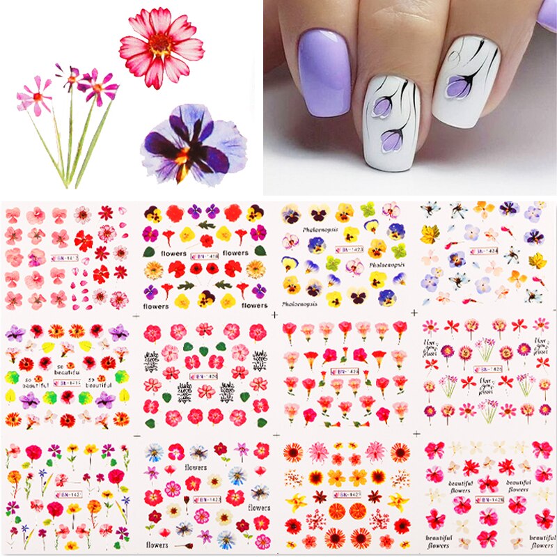19Styles Simple Green Leaves Flowers Water Decals Spring Summer Theme Floral Maple Leaf Sliders Paper Line Watermarks Decoration: 17