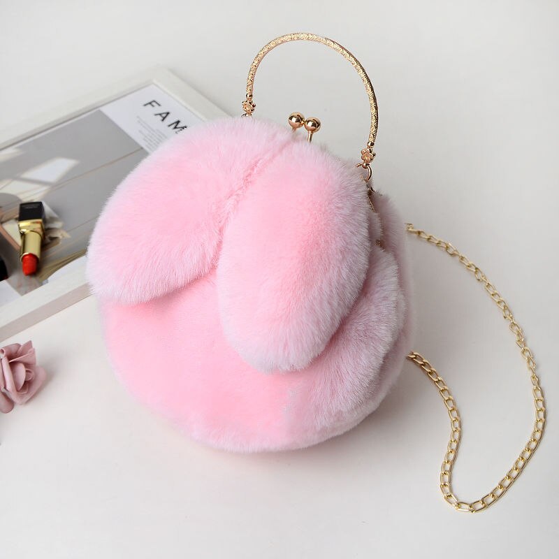 Faux Fur Rabbit Ears Plush Kawaii Round Bag Shoulder Crossbody Bags Women Chain Messenger bag Ladies Solid Furry Handbag: Pink A