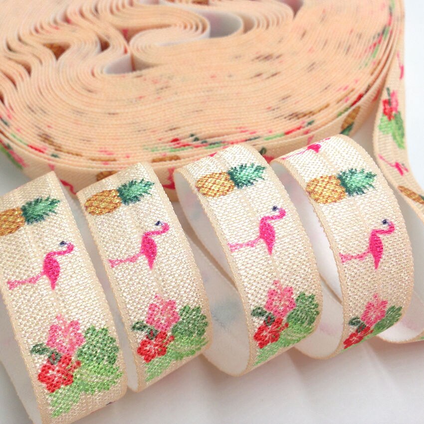 5 yards 16mm hawaii flamingo tryckt vik över elastisk tejp ananas fiende handgjorda tillbehör gör det själv hår slips pannband leverantör: P319