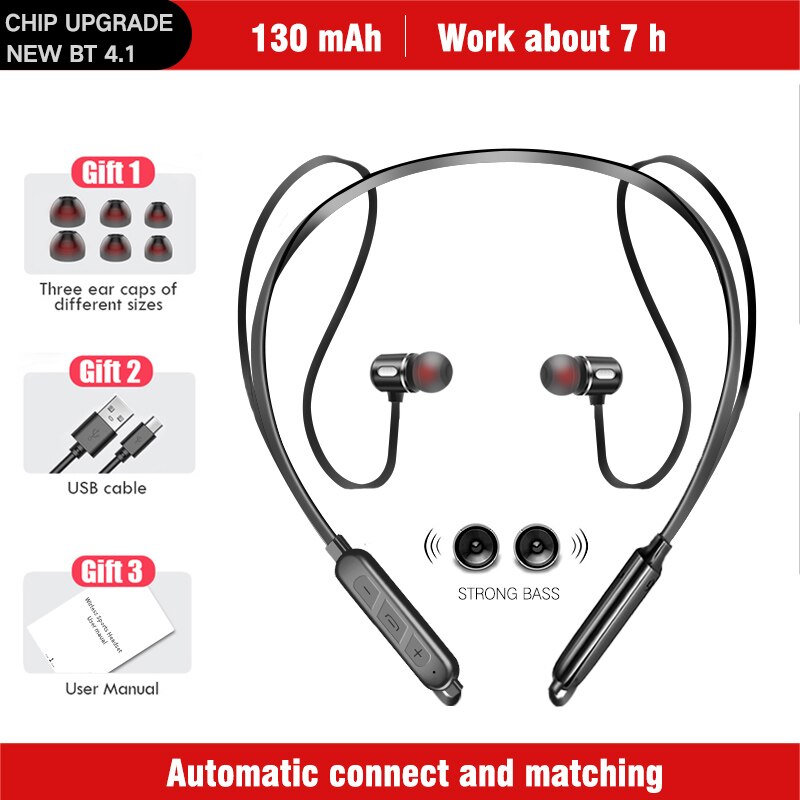 Fbyeg trådløs høretelefon bluetooth magnetisk halsbånd headset stereo hovedtelefoner vandtæt sports øretelefon med støjreducerende mikrofon: Sort