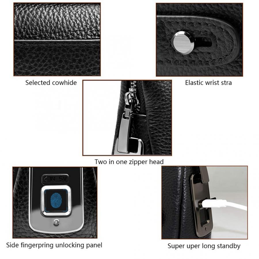 Fipilock FL-V1 Men Zipper Leather Wallet Smart Fingerprint Security Anti-Theft Handbag with fingerprint lock Black