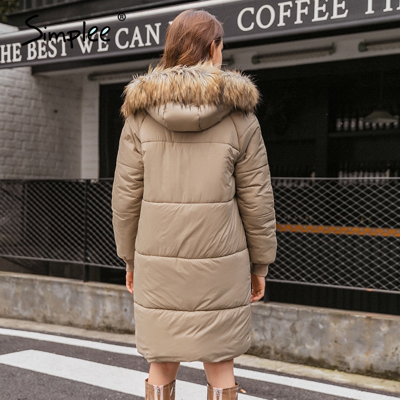 Simplee varm brun høst vinter kvinner parkas high street kontor dame langermet jakke parkas med lue
