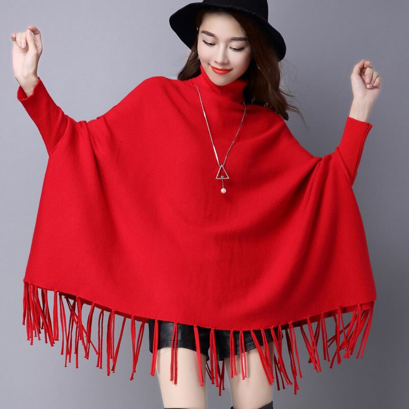 Otoño Invierno mujer Casual Pullover mujeres capa con borlas de punto capa suelta Boho Poncho capas chal suéter sólido abrigo A70: Rojo