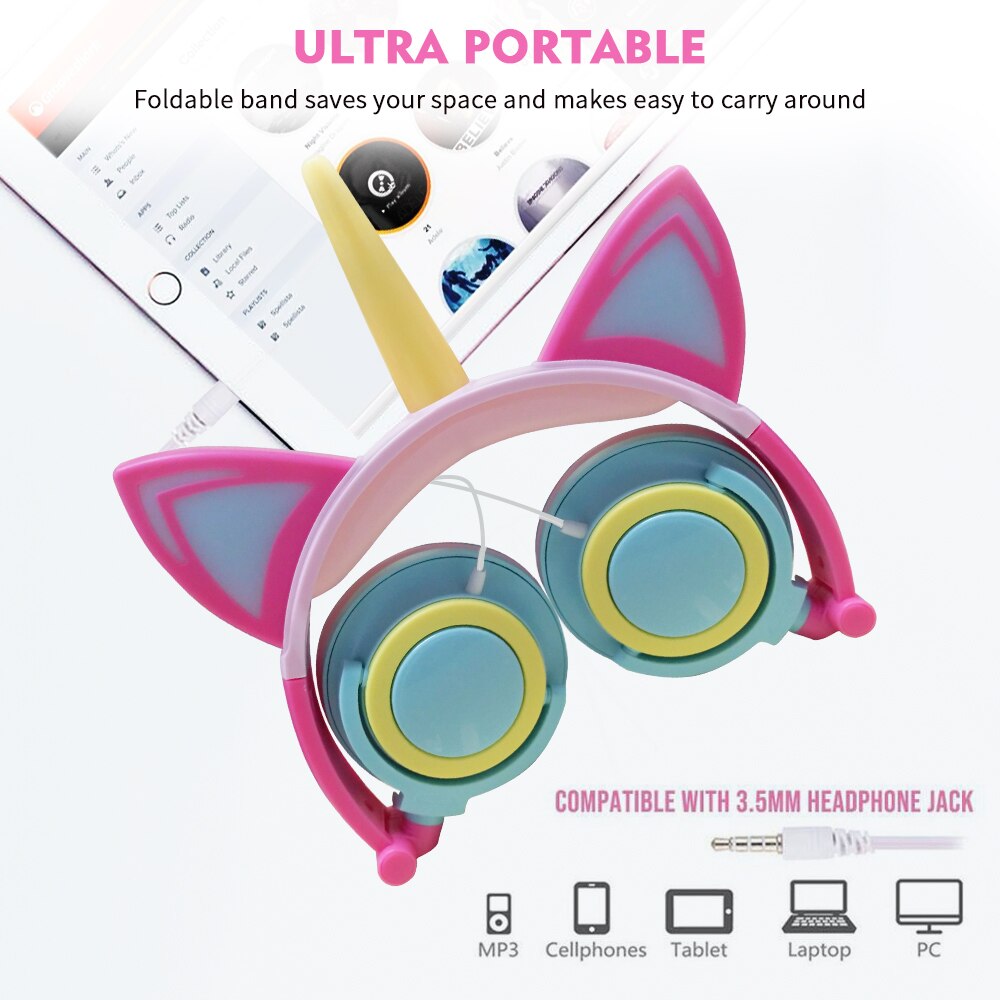 Casque licorne Original, casque d'écoute pliable avec clignotant pour enfants casque de musique filaire, casque de jeu pour oreilles de chat, pour enfants