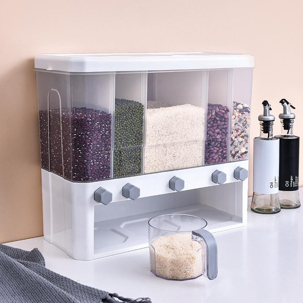 Kitchen Dry Food Dispenser 5-Grid Cereal Dispensers Food Storage box Container Plastic Storage Tank for Cereal Rice, Nuts, Grain