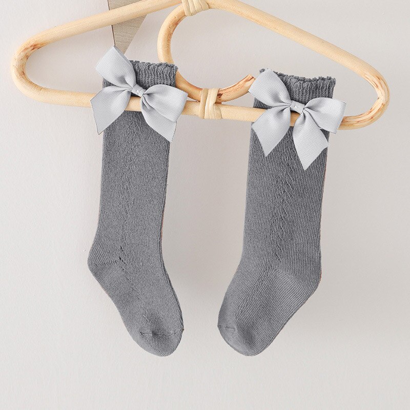 Chaussettes mignonnes pour bébé fille, avec nœud, en maille, pour -né, en coton, de couleur unie, pour enfants de 0 à 3 ans: gray