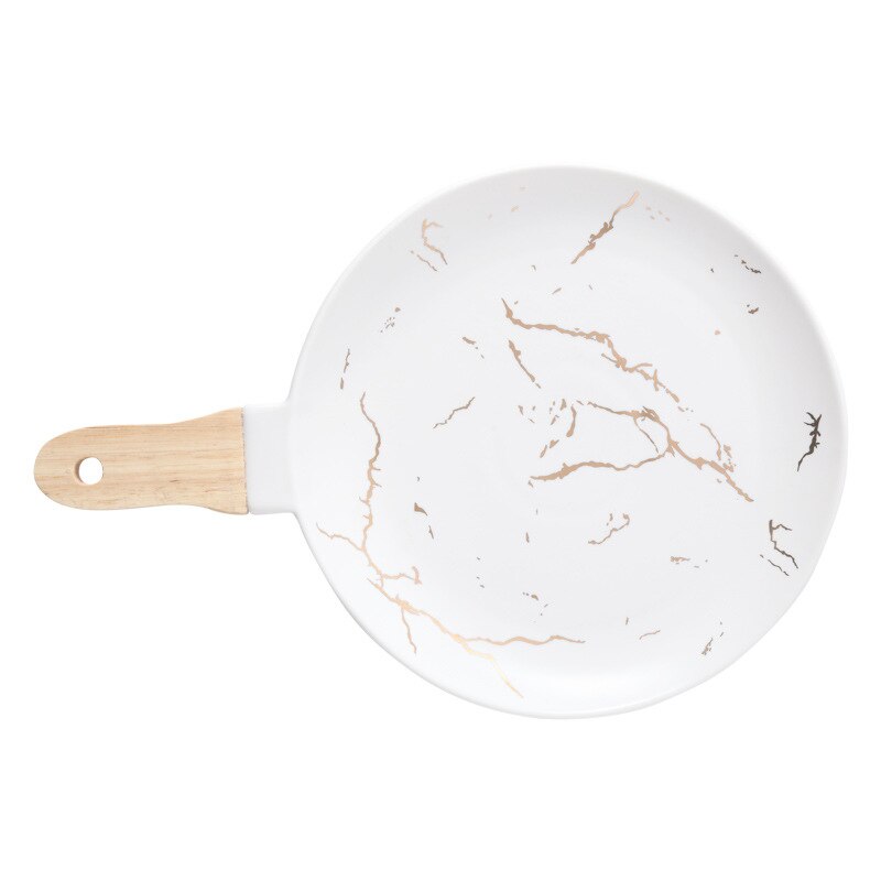 Marble Stripe Round Ceramic Pizza Pasta Plate Cookware Porcelain Sushi Tableware Wooden Bamboo Handle Hold In Hand Suspension