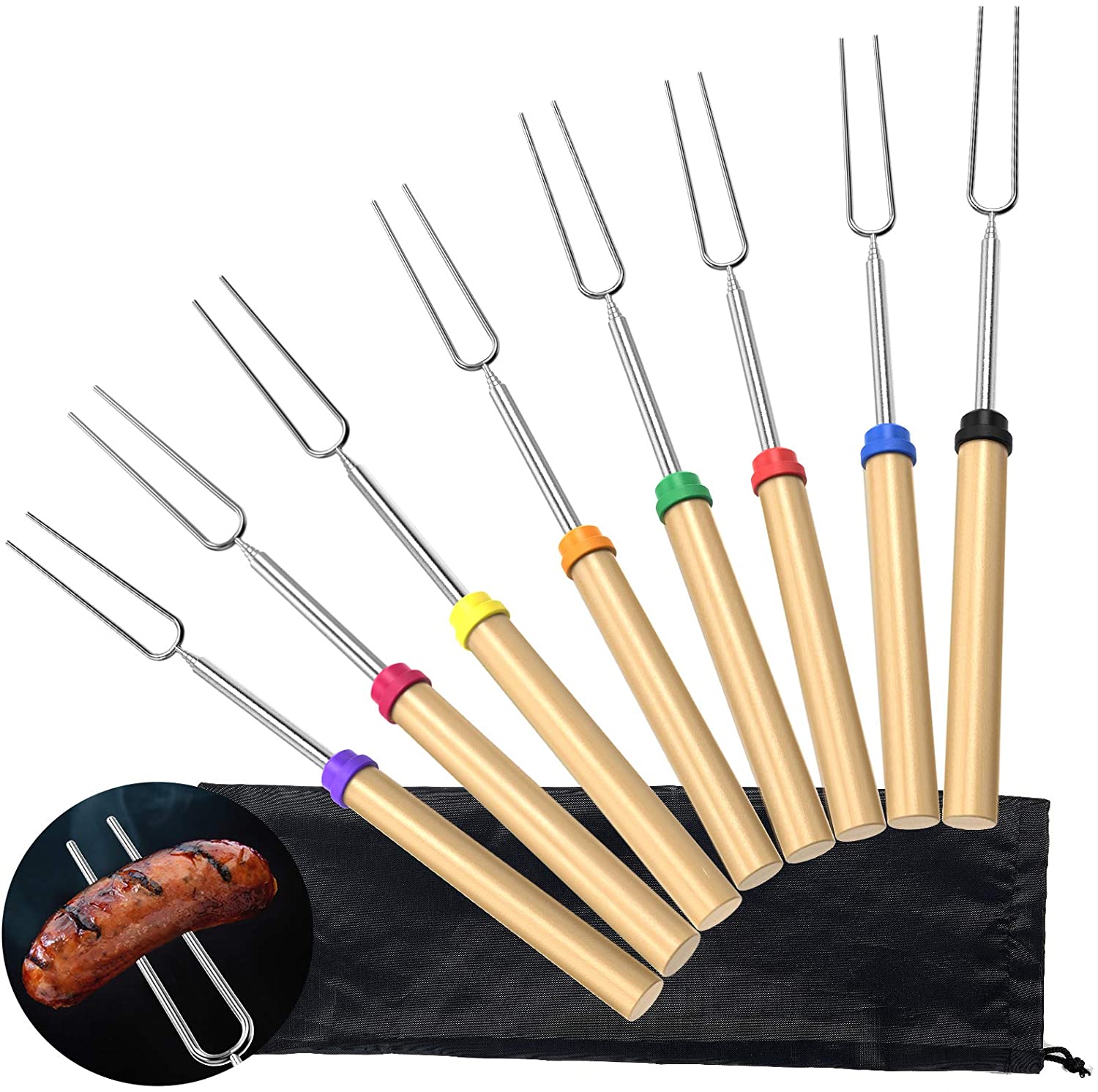 8Pc Roosteren Sticks Marshmallow Roosteren Sticks Met Houten Handvat 32 Inch Uitschuifbare Bbq Vorken Telescopische Sticks Voor Vuurkorf