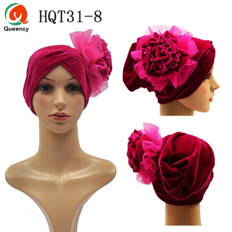 HQT31 Turban Nigeria cravate dames velours Tuban Gele casque musulman arabe Bonnet fleur chapeau pour mariage et fête: fushia