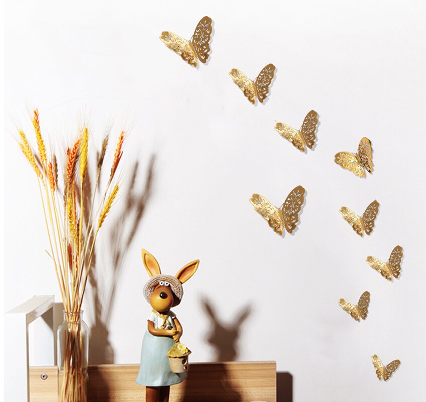 12 unids/lote de calcomanías de mariposa 3D doradas y plateadas para pared, calcomanías artísticas para el hogar, pegatinas para pared, decoraciones para exhibición de mariposas para fiestas y