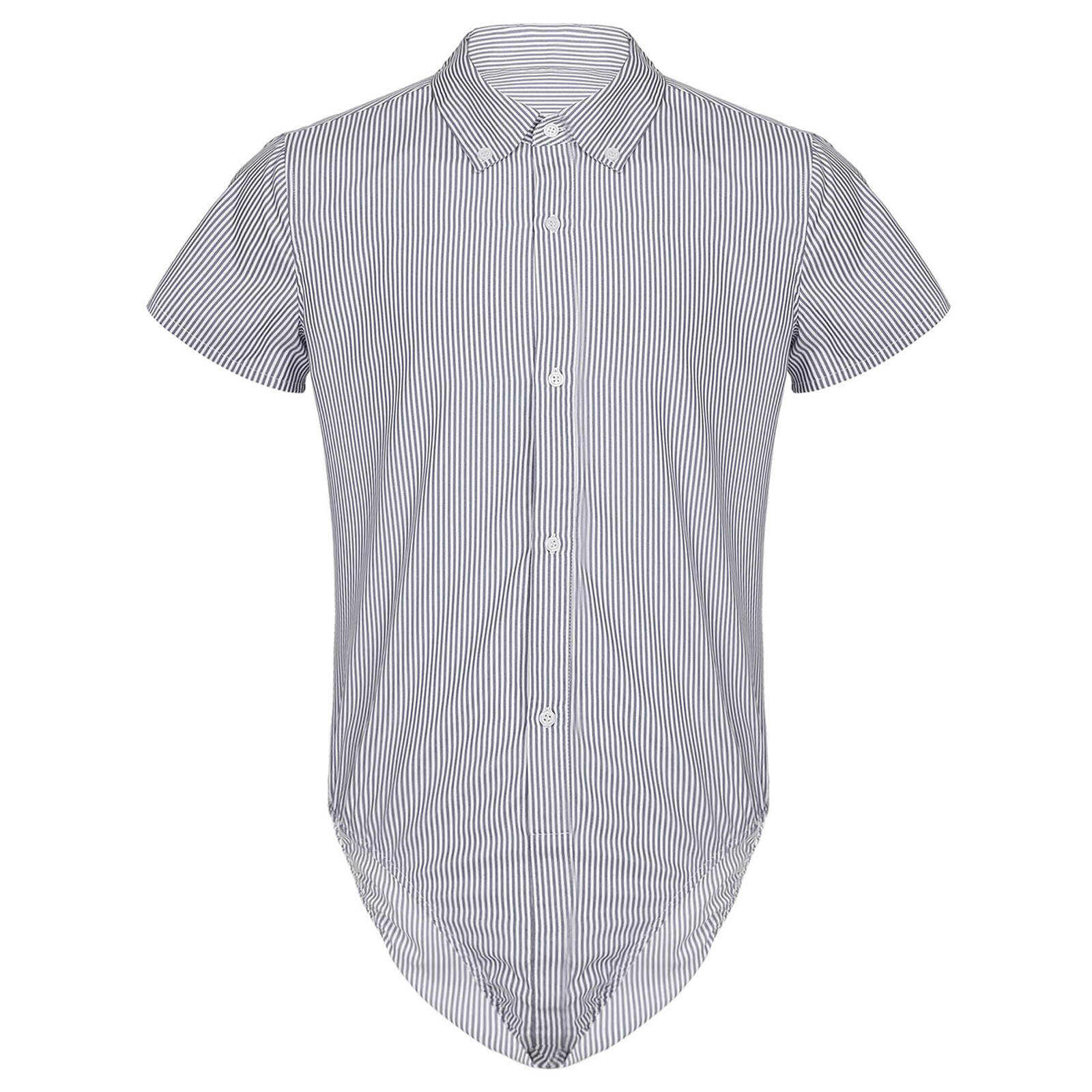 Body rayé à manches courtes pour hommes, chemise décontractée, poche avant, combinaison d'été, bureau, , une pièce: Dark Gray / L