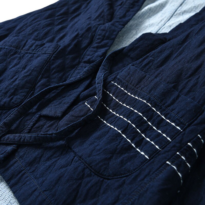 Men Navy Blue Thick Knitted Denim Kimono Jacket Japan Style Spring Autumn Open Placket Male Haori Loose Coat