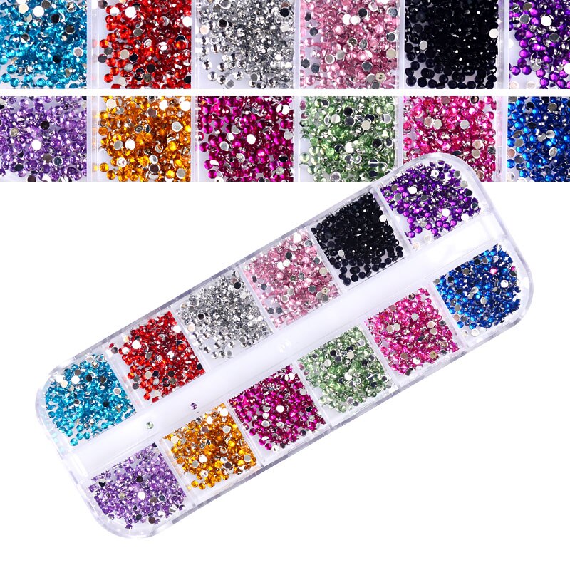 Mix 12 Kleur Cirkel Kralen Nail Art Tips Rhinestones Glitters Acryl Uv Gel Gems Decoratie Met Hard Case