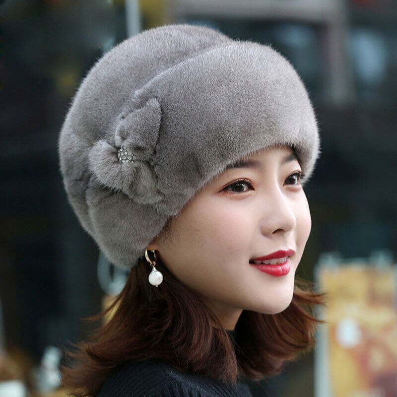 Faux Fur Trimmed Winter Hat for Women Fashionable Outdoor Warm Hats Birthday NIN668: Gray