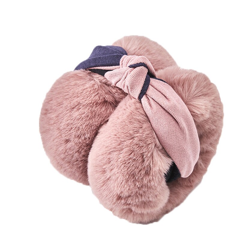 Winter Women Outdoor Earmuff Bowknot Foldable Cover Earphones Thick Plush Ear Warm Fluffy Fur Patchwork Headphone Girls