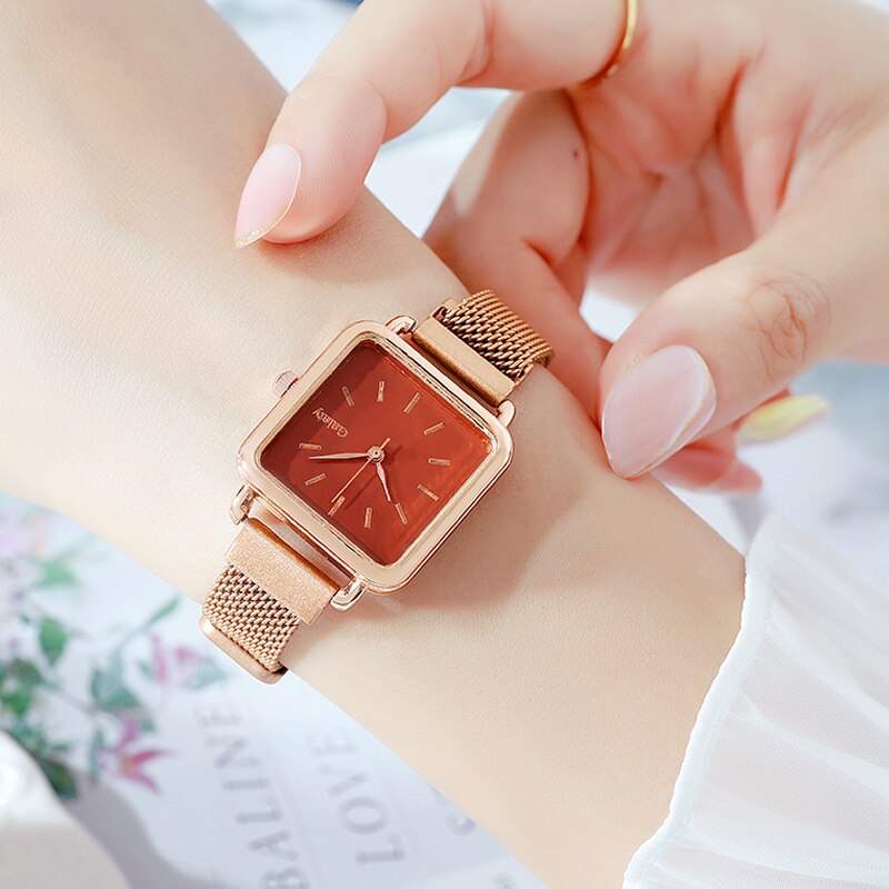 Gaiety brand dameure firkantet dame quartz ur armbånd solid urskive enkel rosa guld mesh luksus dameure