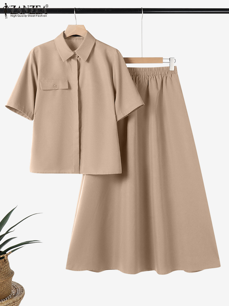 2PCS Outfits Summer Women Dress Sets ZANZEA Solid Work Matching Sets Short Sleeve Shirt Maxi Long Skirt Suit