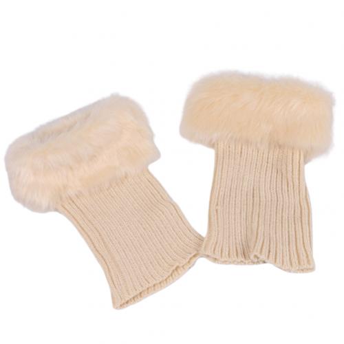 Winter Women Solid Color Faux Fur Cuff Crochet Knit Boots Sock Short Leg Warmers: Beige