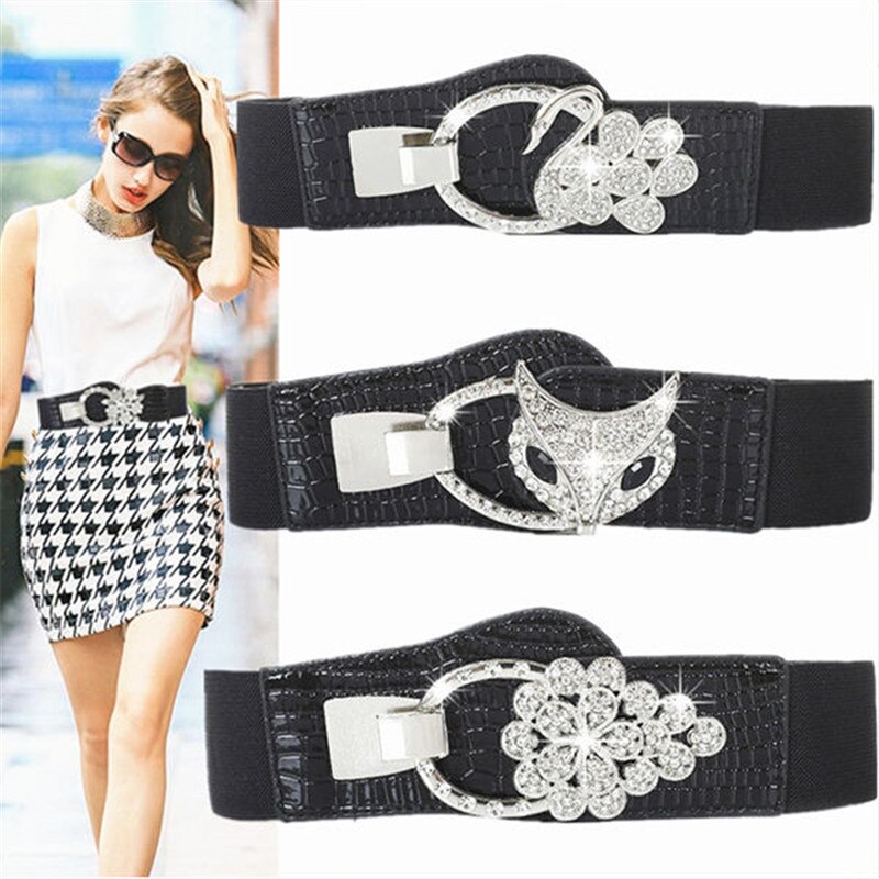 Ceintures pour femmes noires, taille élastique Simple pour dames, boucle de ceinture en métal avec décoration en diamant, pull robe à la ,