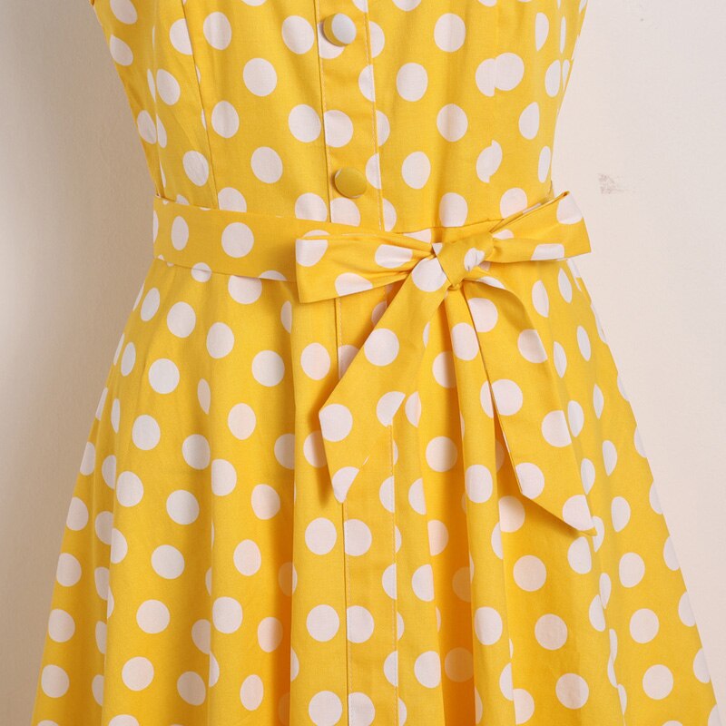Tonval Yellow 50s Pinup Vintage Button Front Polka Dot Summer Tank Dresses Women Party Belted Cotton Midi Dress