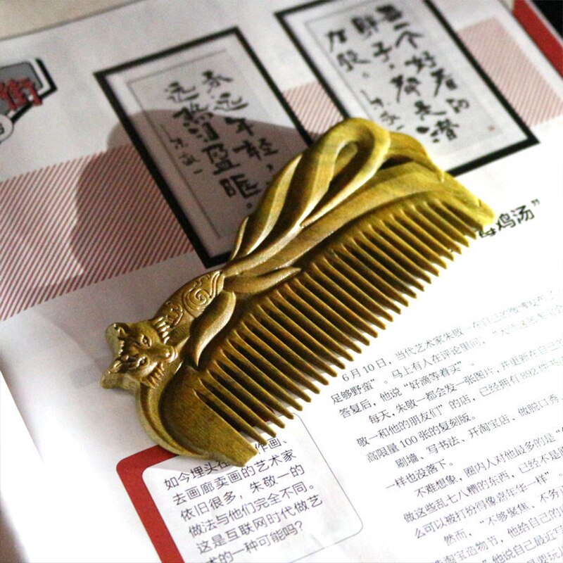 Artisanat chinois Portable renard Double face sculpté bois peigne cheveux vert santal peigne en bois naturel peigne pour fille