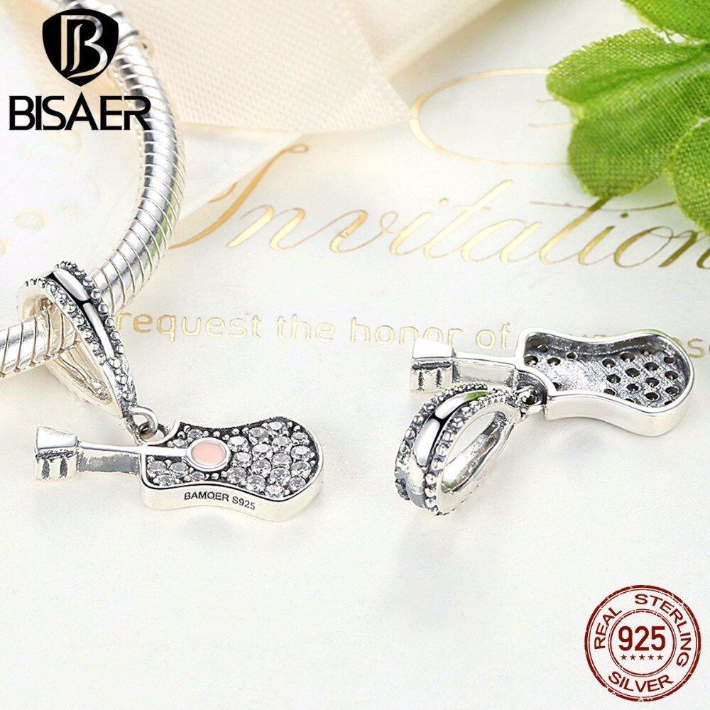 925 Sterling Silber Musical Instrument Beliebte Gitarre Anhänger Fit BISAER Charme Armbänder Frauen Schmuck ECC113