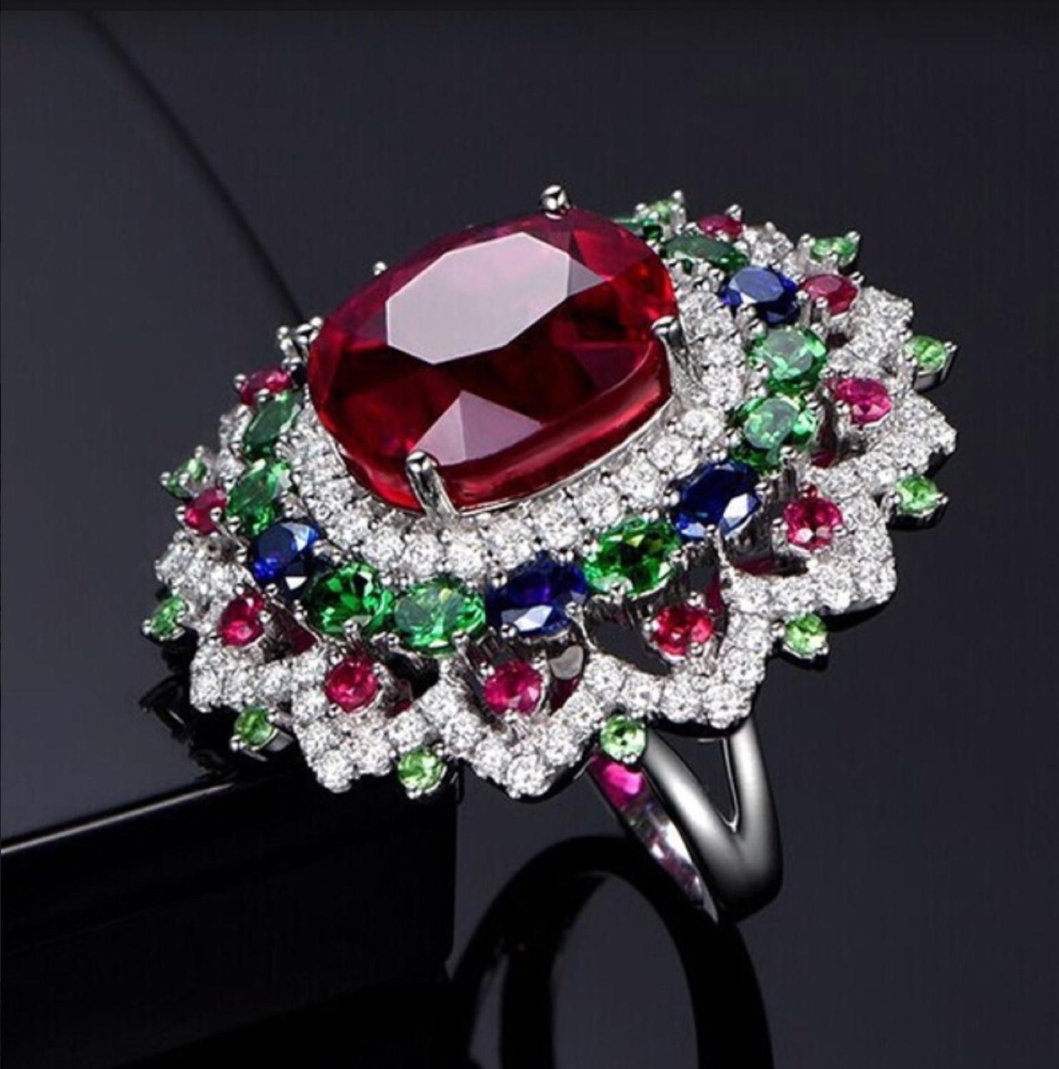 Luxe Femme Zilver Kleur Big Grote Bloem Multicolor Zirkoon Ring Voor Vrouwen Party Bijoux Engagement Bruiloft Sieraden