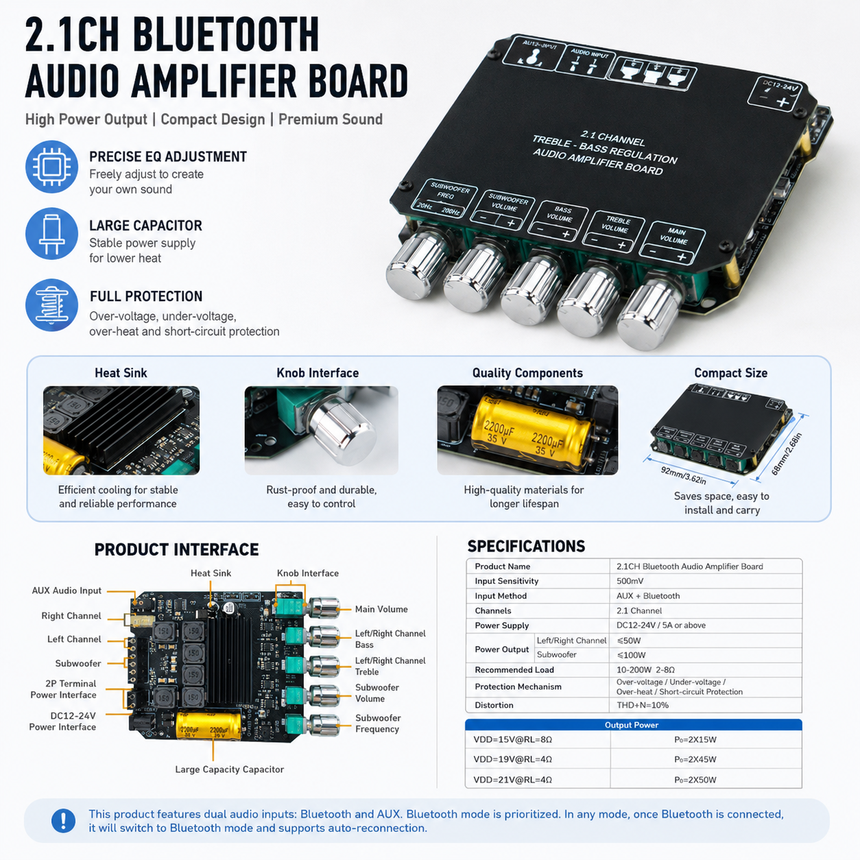 BT5.0 2.1CH Digital Amplifier Board 100W*2+100W Subwoofer Stereo Amp Treble Bass Control AUX 12/24V DIY Home Speaker Module
