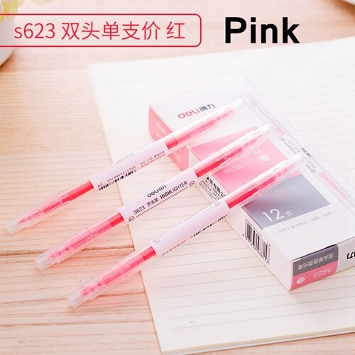 12PCS/BOX Deli S623 Double side Highlighters pen marker pen 6 colors Oblique & Round head double side highligters office school: Pink