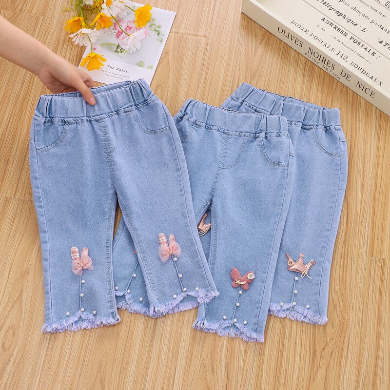 Casual Lente Zomer Dunne Peuter Baby Meisje Jeans Capri Broek Lichtblauw Cropped Broek Kids Kleding Kostuum 80-120Cm